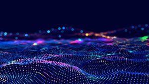 Colorful, abstract wave patterns with luminous dots on a dark background