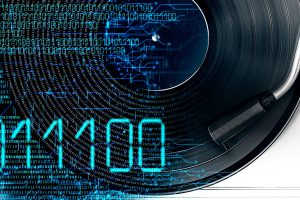 A vinyl record player with digital binary code and numbers displayed