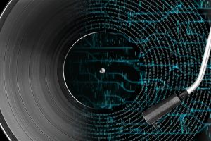A vinyl record with a turntable needle, featuring digital soundwaves in the background