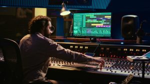 A man adjusts audio controls at a sound studio with a computer monitor displaying music software